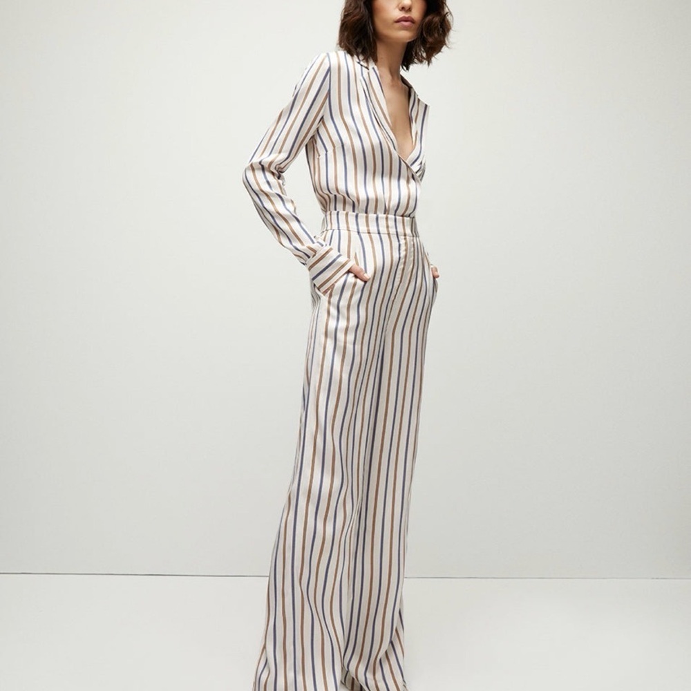 Veronica Beard Cream Striped Straight-Leg Jumpsuit with Blue & Tan Stripes